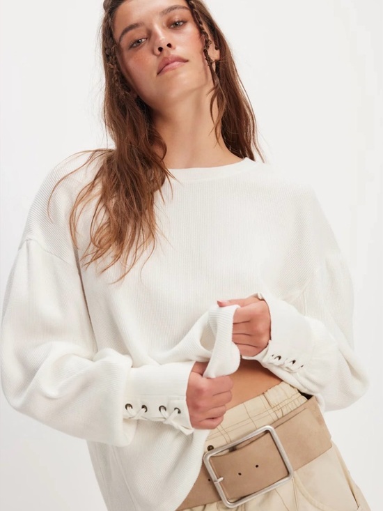 Free People Sweaters - NWOT Free People Lapis Lace-Up Cuff Cotton Waffle Knit Thermal Shirt